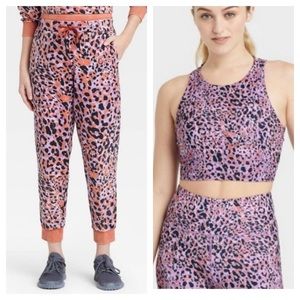 JoyLab Pink Leopard  Acid Wash Joggers Sports Bra Set Pants Top Sweatpants NWT